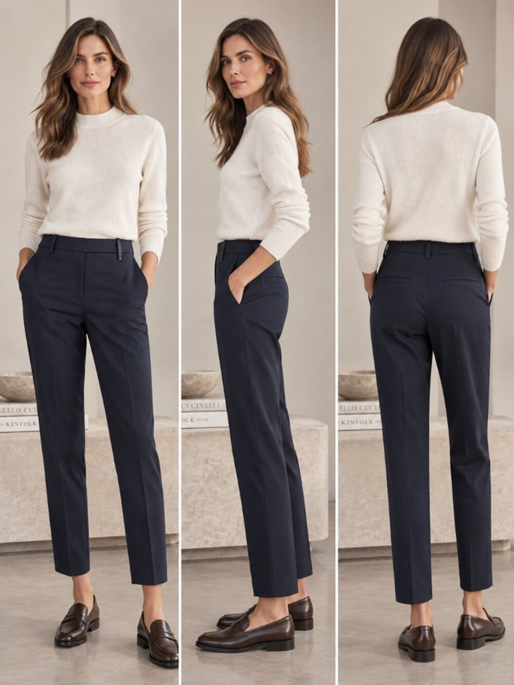 Brunello Cucinelli Monili Pants Navy Blue Tropical Wool Straight Leg Pant Size 6